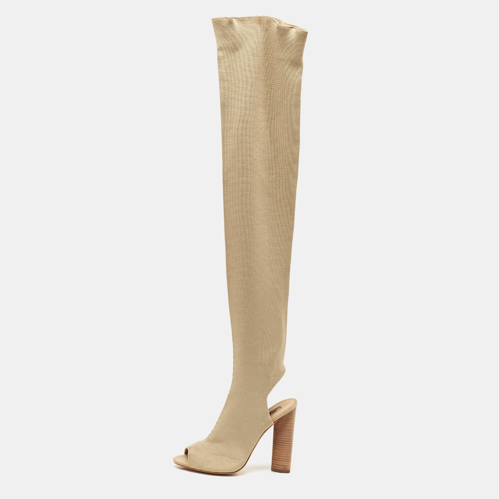 Yeezy Season 5 Beige Knit Fabric  Over The Knee Length Boots Size 37.5