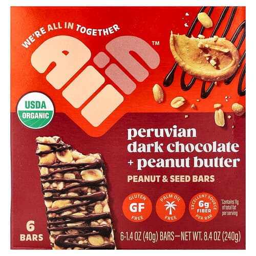 All In  Peanut & Seed Bars  Peruvian Dark Chocolate + Peanut Butter  6 Bars  1.4 oz (40 g ) Each