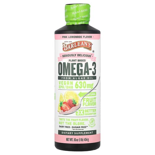 Barlean's  Seriously Delicious®  Plant Based Omega-3 From Algae Oil  Pink Lemonade  630 mg  16 oz (454 g)