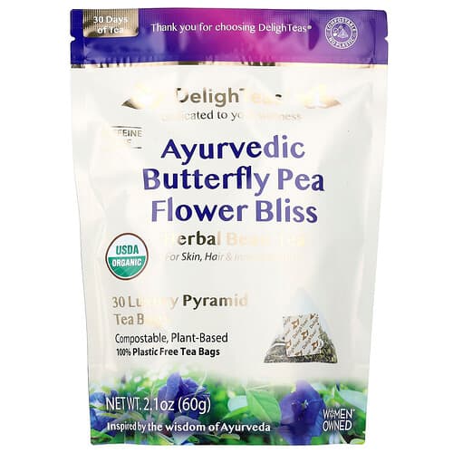 DelighTeas  Ayurvedic Butterfly Pea Flower Bliss  Herbal Beau-Tea  Caffeine Free  30 Luxury Pyramid Tea Bags  2.1 oz (60 g)