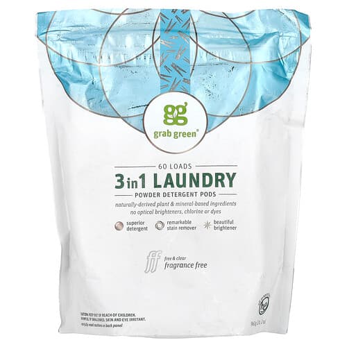 Grab Green  3-in-1 Laundry Detergent Pods  Fragrance Free  60 Loads  2 lb 2 oz  (960 g)