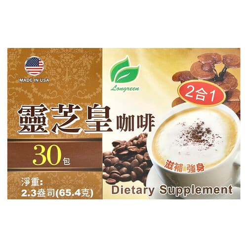 Longreen  2 in 1 Reishi Coffee  30 Bags  2.3 oz (65.4 g) Each