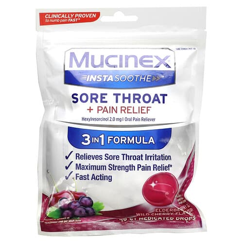 Mucinex  InstaSoothe  Sore Throat + Pain Relief  Elderberry & Wild Cherry  2 mg  40 Medicated Drops