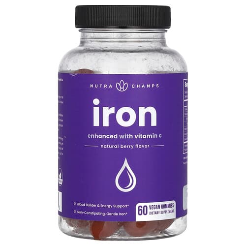 NutraChamps  Iron Gummies  Enhanced with Vitamin C  Natural Berry  60 Vegan Gummies
