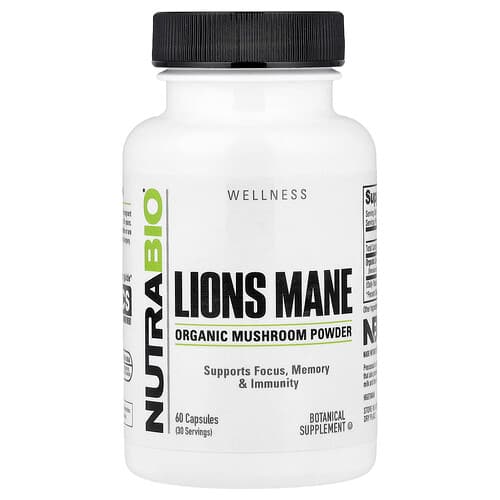 NutraBio  Wellness  Organic Lions Mane  60 Capsules (0.5 g per Capsule)