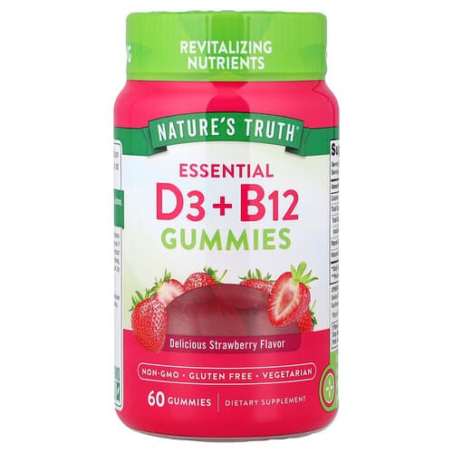 Nature's Truth  Essential D3 + B12 Gummies  Strawberry  60 Gummies