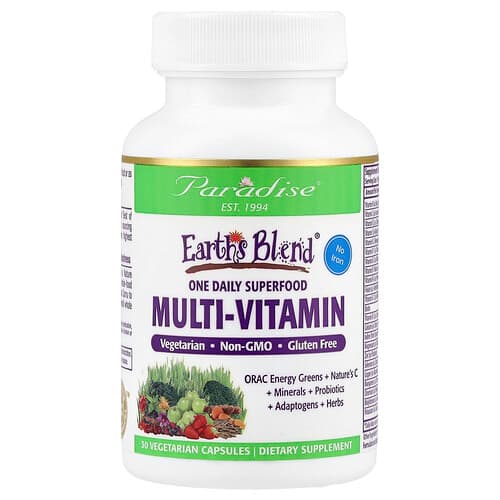 Paradise Herbs  Earth's Blend  One Daily Superfood Multi-Vitamin  No Iron  30 Vegetarian Capsules