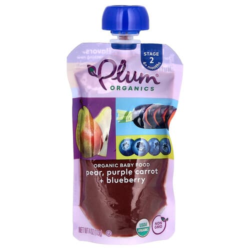 Plum Organics  Organic Baby Food  6+ Months  Pear  Purple Carrot & Blueberry  4 oz (113 g)