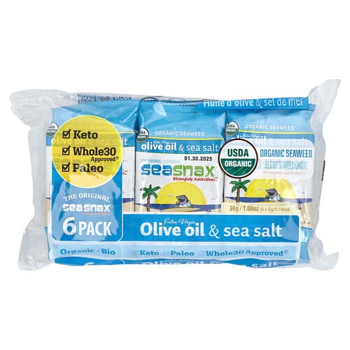 SeaSnax  Organic Seaweed  Extra Virgin Olive Oil & Sea Salt  6 Pack  0.18 oz (5 g) Each