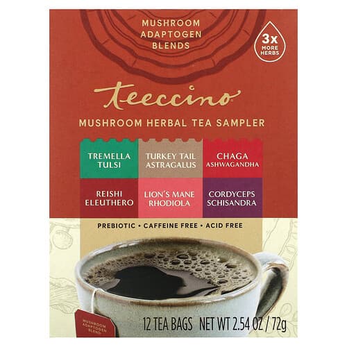 Teeccino  Mushroom Herbal Tea Sampler  6 Flavors  Caffeine Free  12 Tea Bags  2.54 oz (72 g)