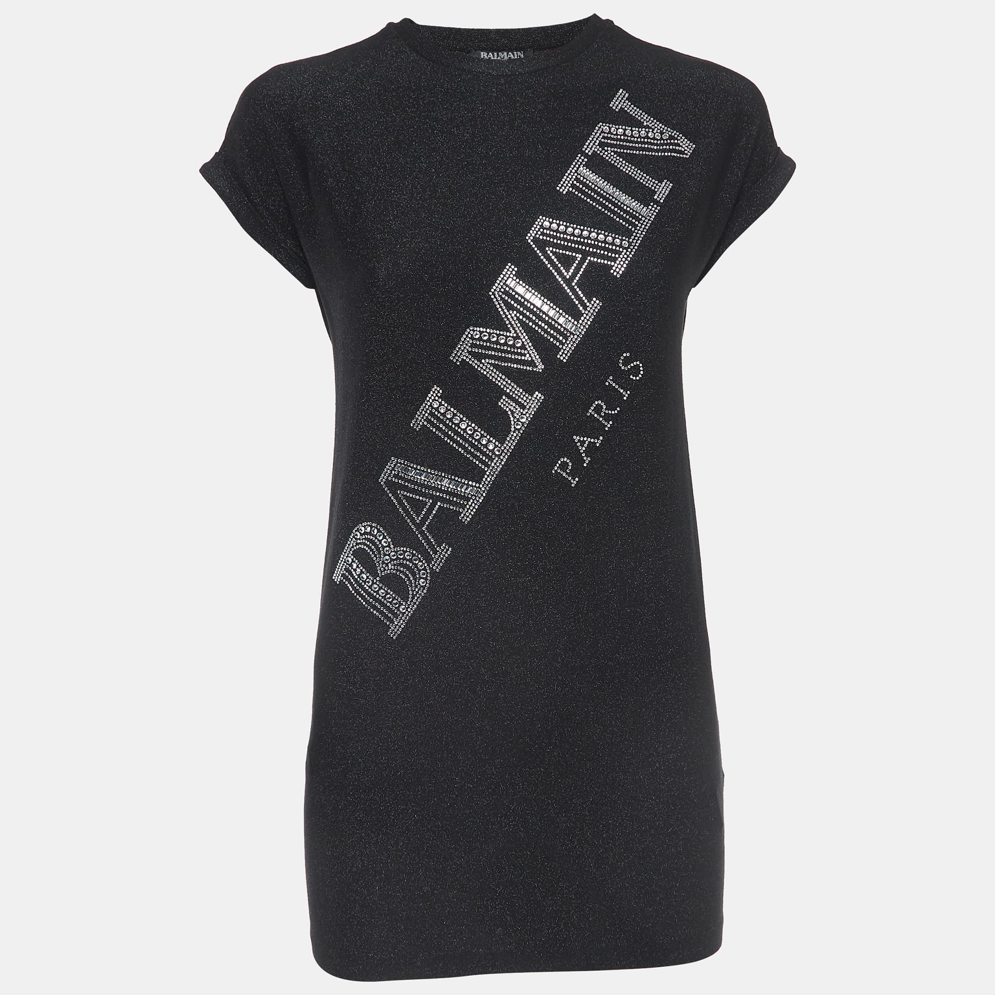 Balmain Black Glitter Jersey Crystal Embellished Logo T-Shirt Dress (10 Yrs)