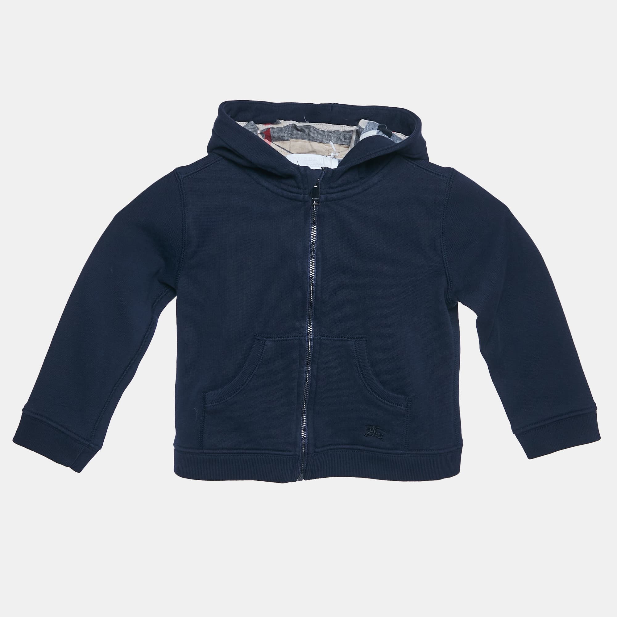 Burberry Children Kids Navy Blue Cotton Knit Zip-Up Hooded Jacket 2 Yrs