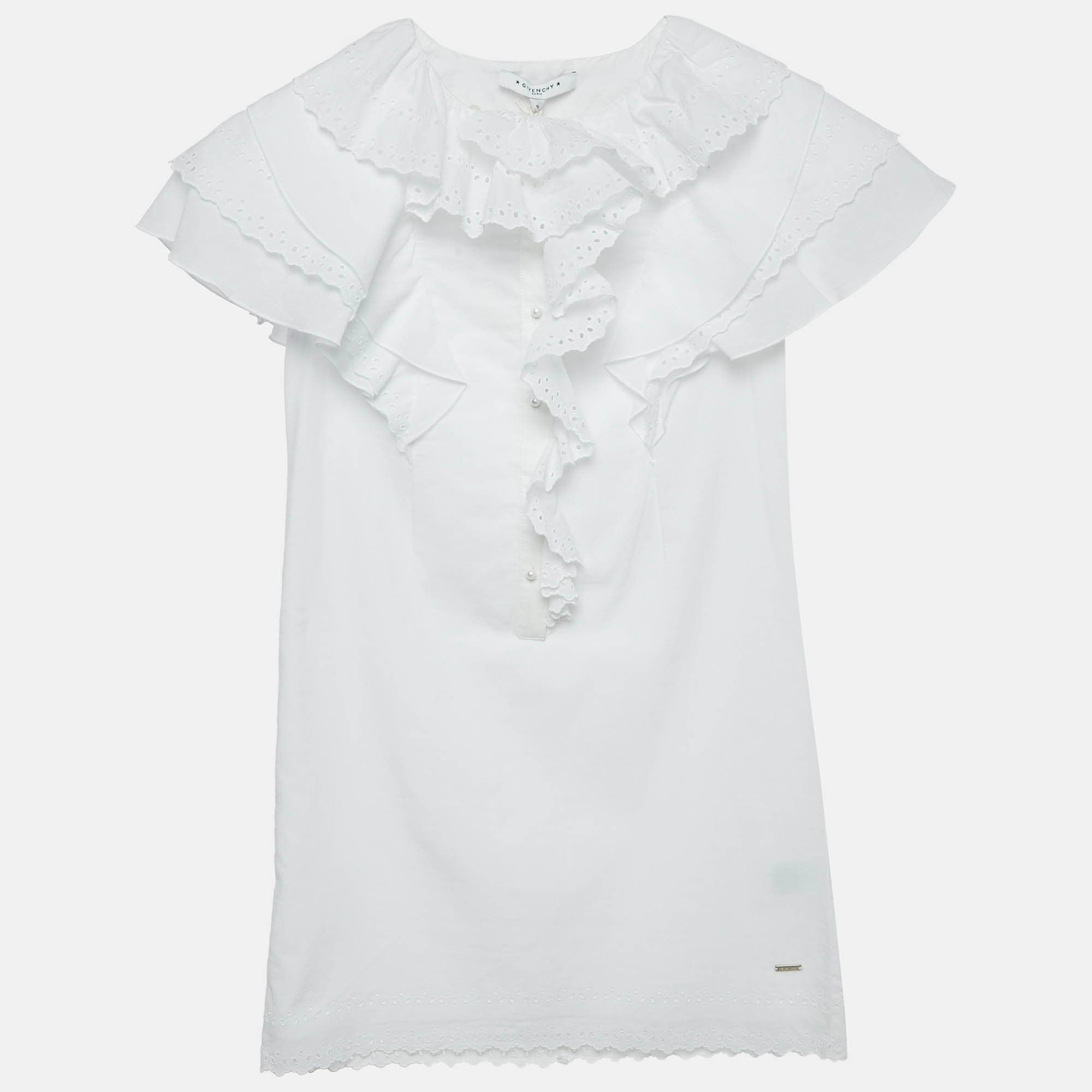 Givenchy Kids White Broderie Fracaise Cotton Ruffled Dress 10 Yrs