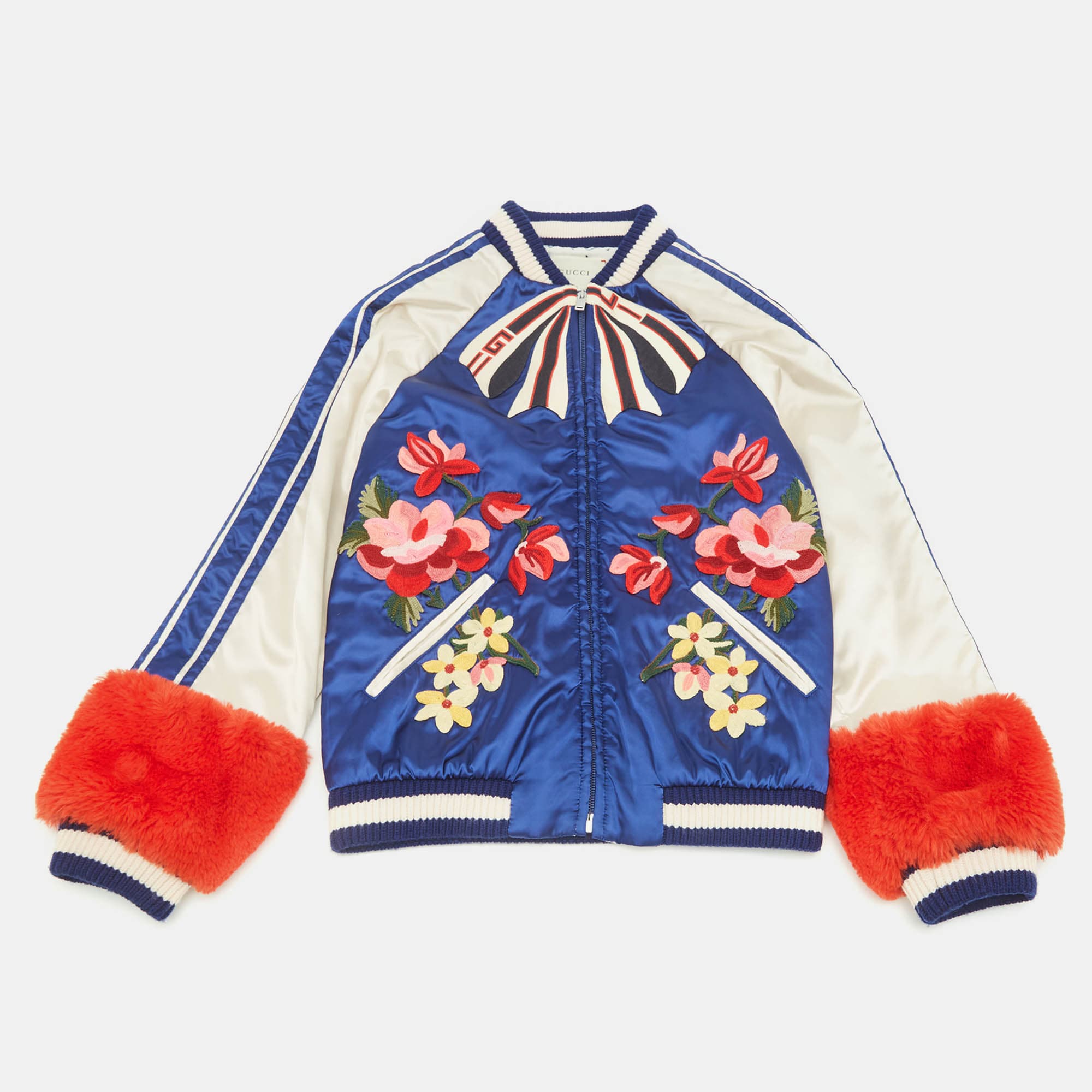 Gucci Kids Blue /White Embroidered Synthetic Faux Fur Trim Bomber Jacker 10 Yrs