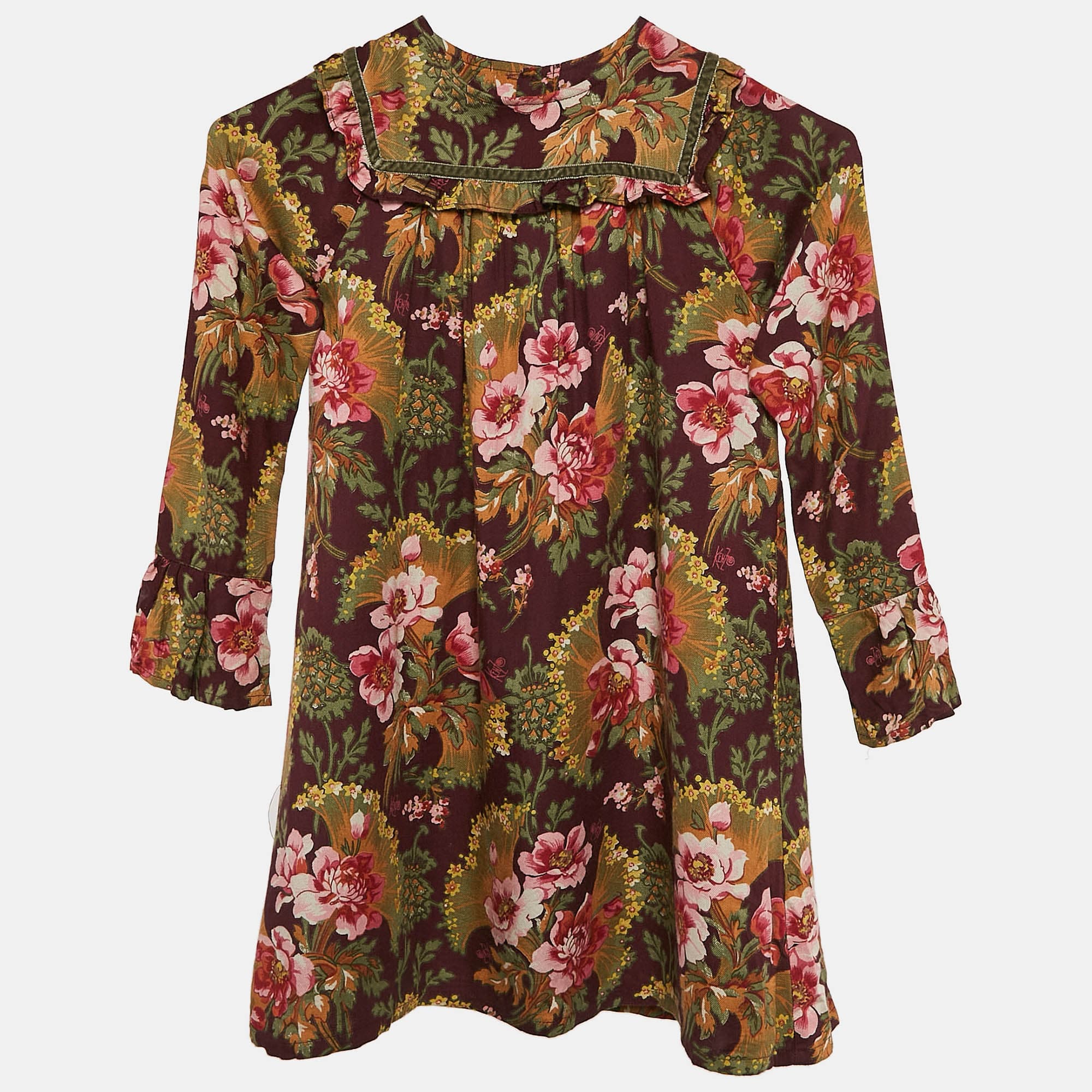 Kenzo Kids Burgundy Floral Print Crepe Ruffled Dress 6 Yrs