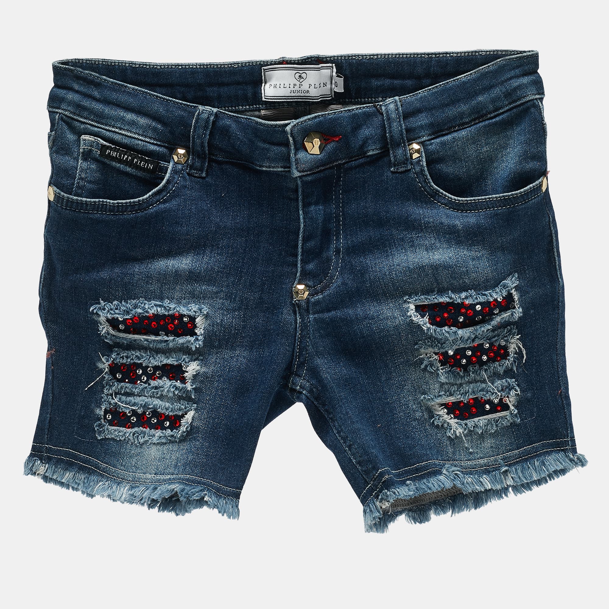Philipp Plein Kids Middle Blue Studded Denim Distressed Shorts 10 Yrs