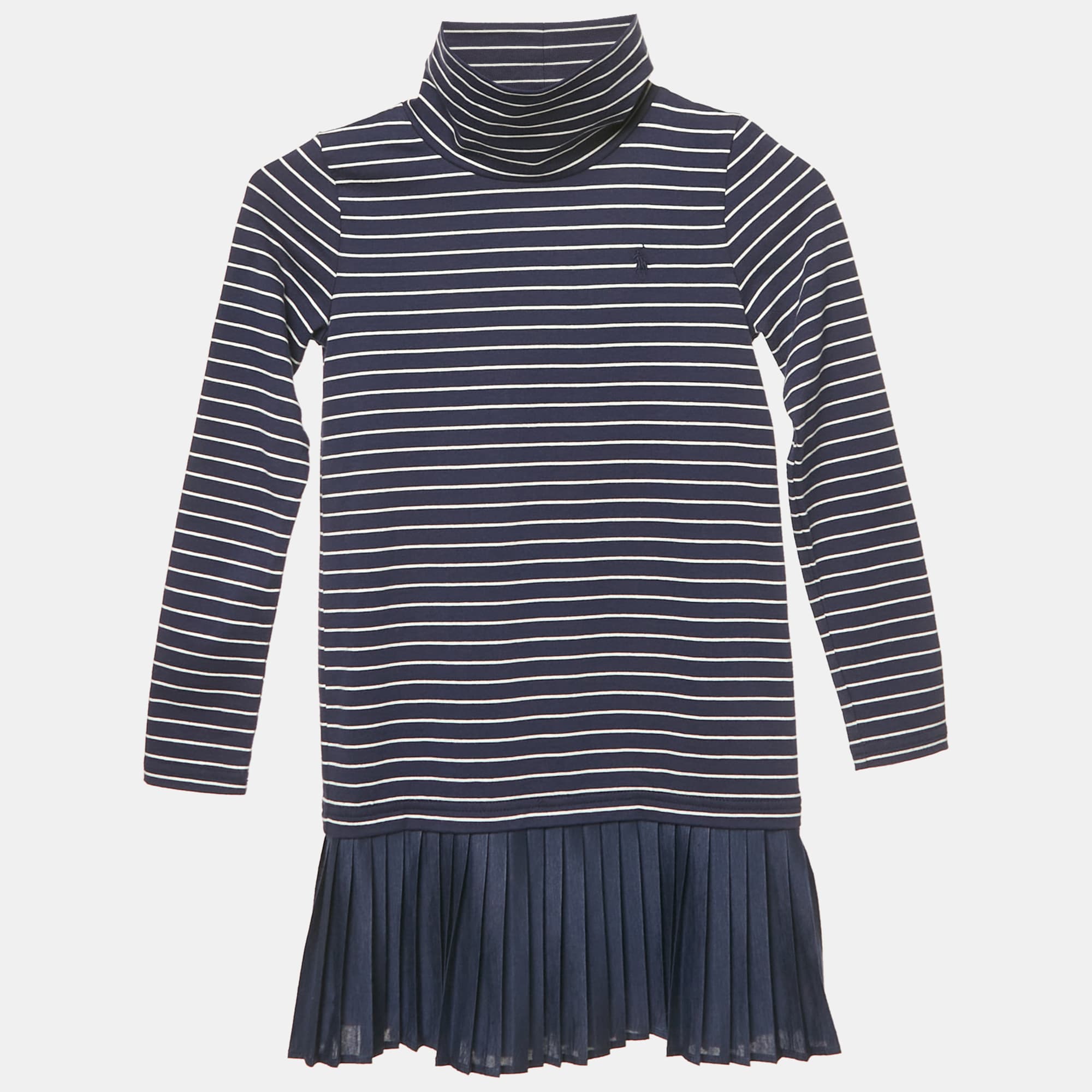 Polo Ralph Lauren Kids Navy Blue Stripe Cotton Knit Pleated Dress 6 Yrs