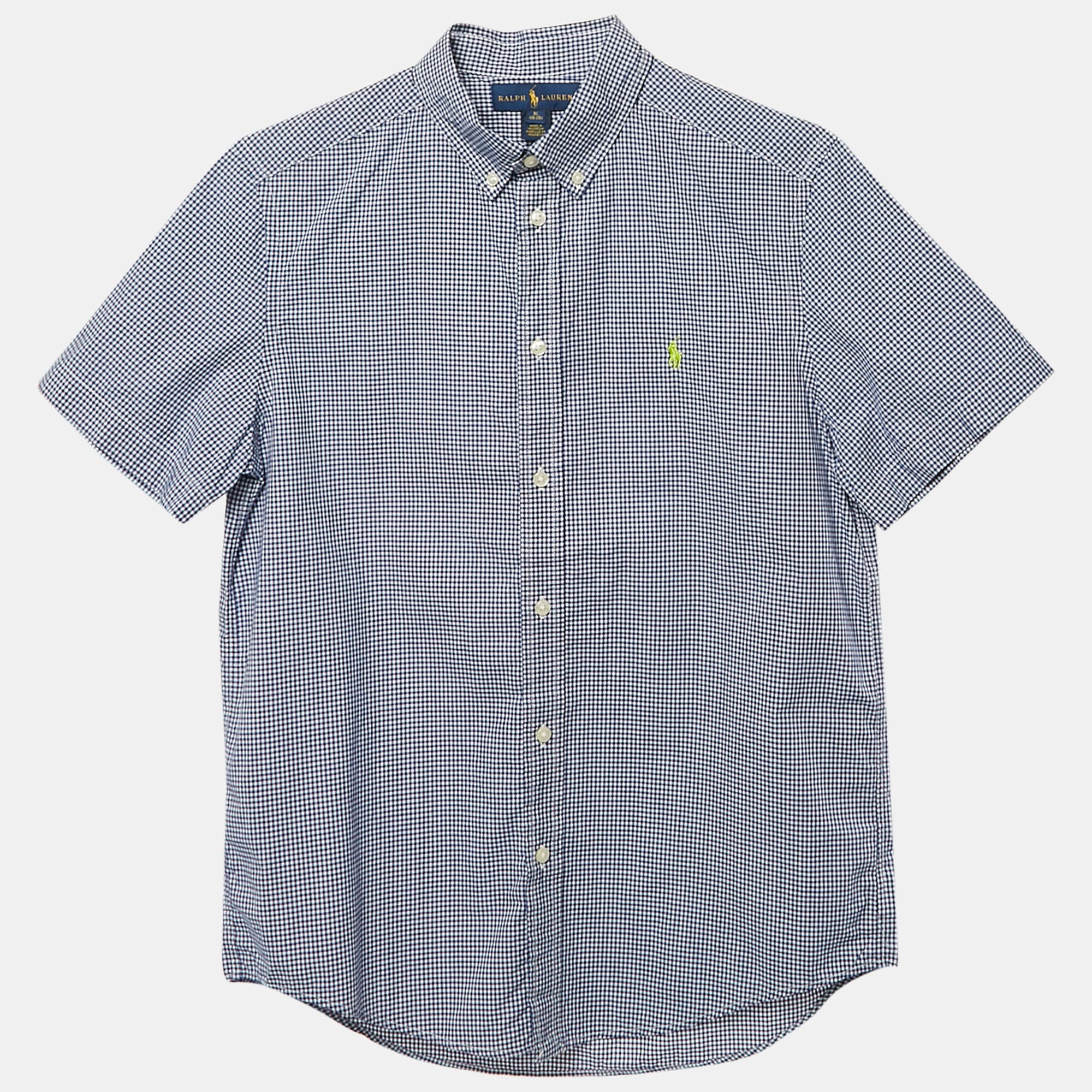 Ralph Lauren Navy Blue Gingham Cotton Short Sleeve Shirt XL 18-20 Yrs