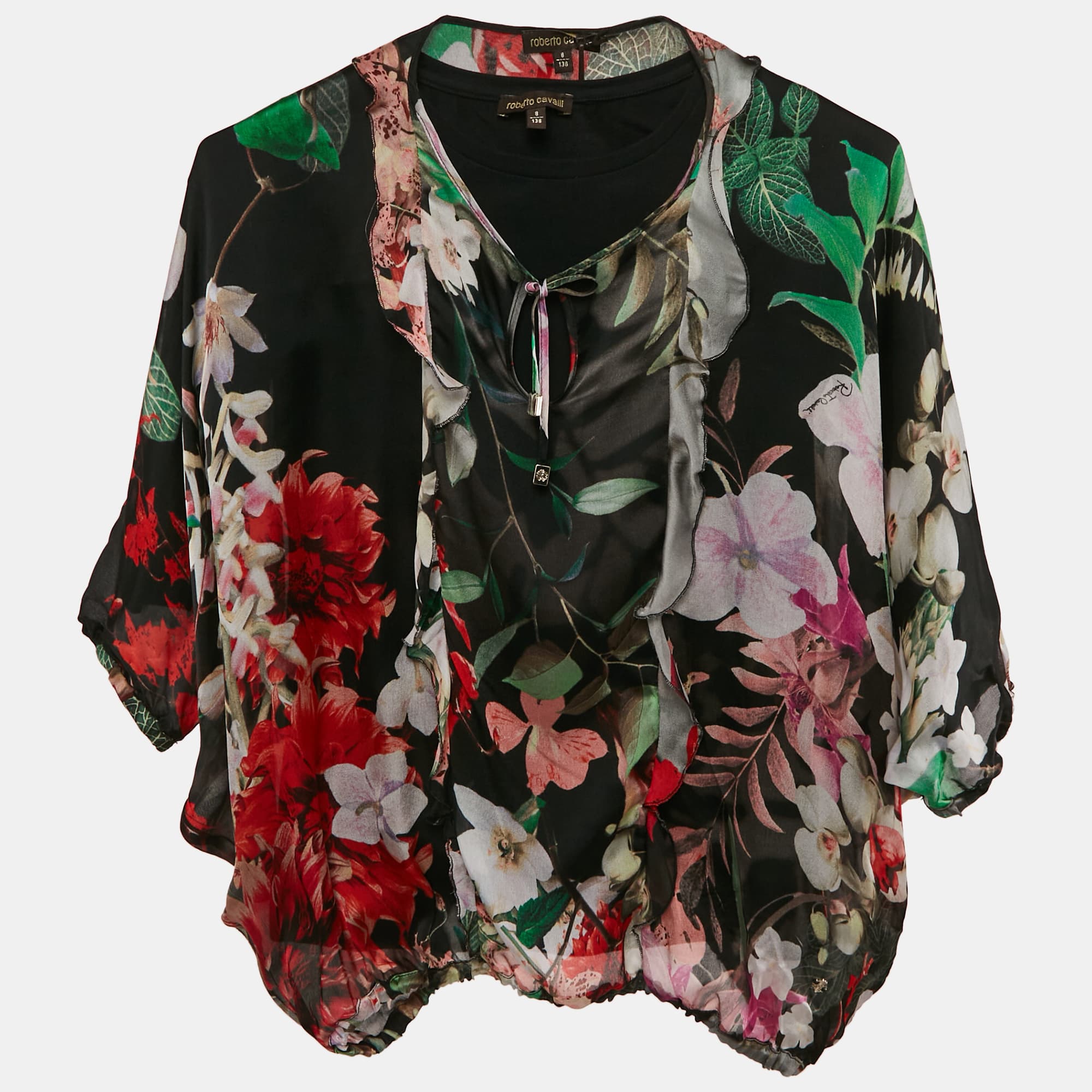 Roberto Cavalli Kids Black Floral Print Silk Top 8 Yrs