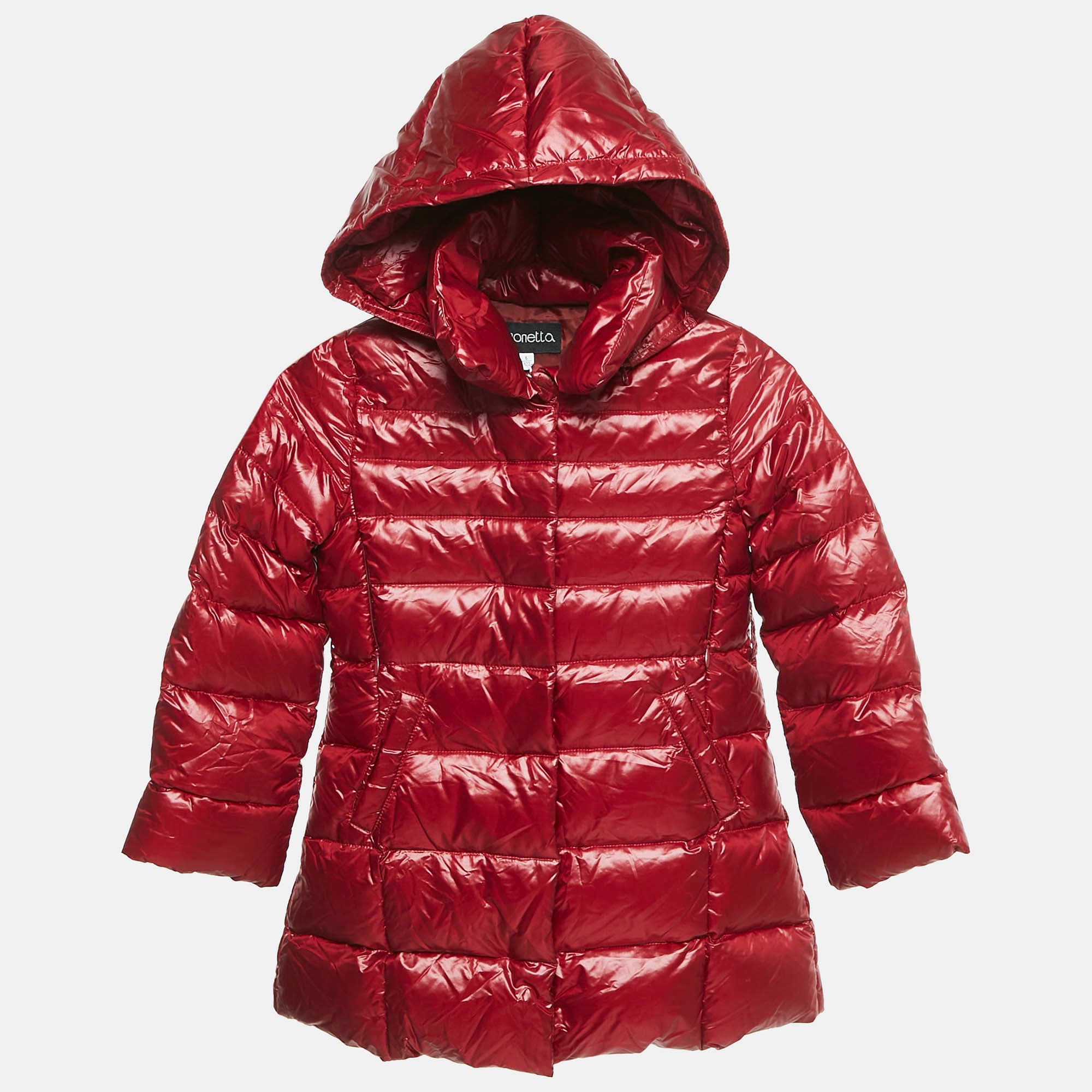 Simonetta Kids Dark Red Nylon Zip-Up Hooded Down Jacket 6 Yrs