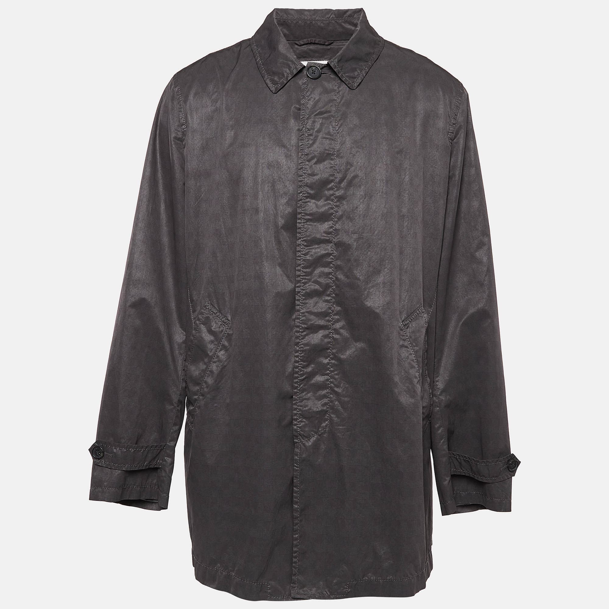 Armani Collezioni Grey Checkered Synthetic Long Overcoat XXXL
