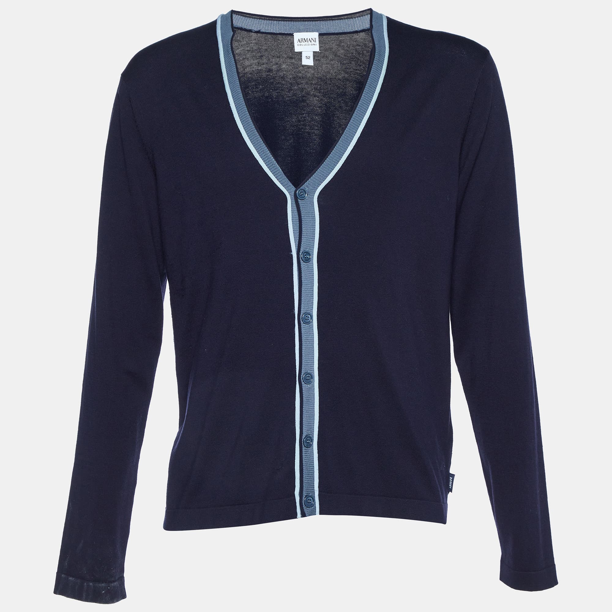 Armani Collezioni Navy Blue Silk Knit Button Front Cardigan XL