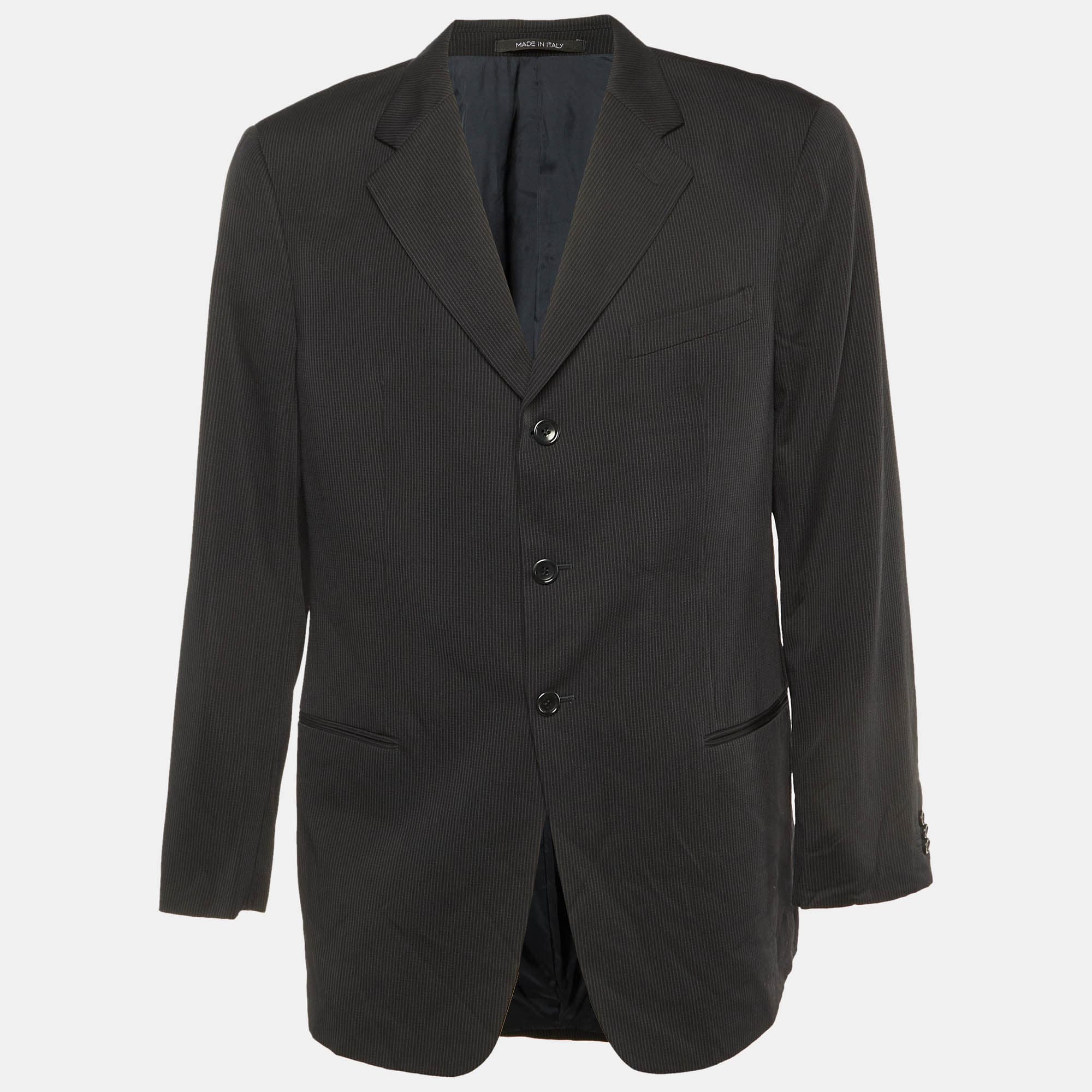 Armani Collezioni Black Pinstripe Wool Button Front Blazer XXL