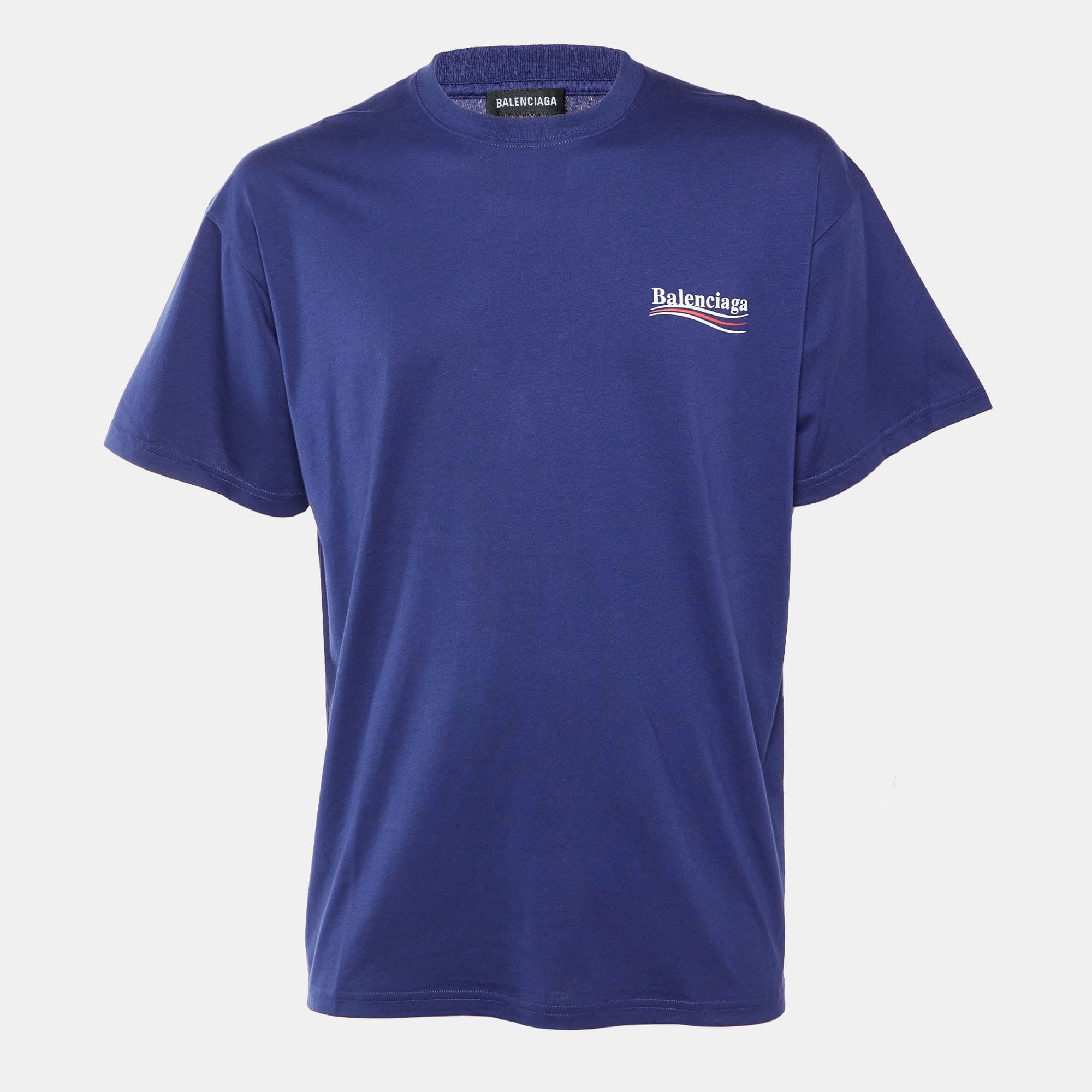 Balenciaga Pacific Blue Political Logo Cotton Crew Neck T-Shirt M