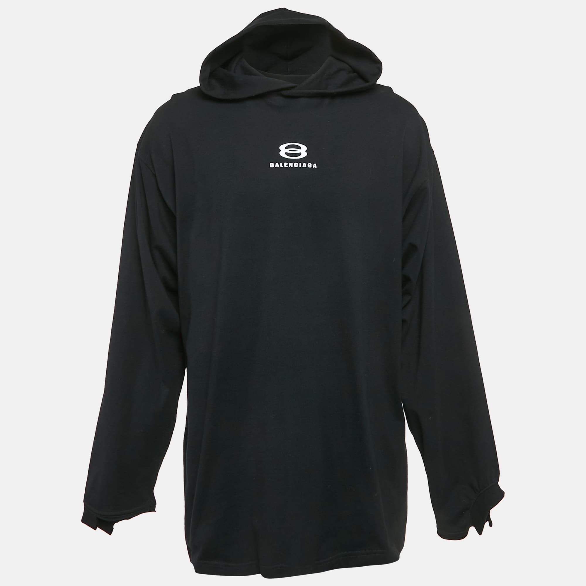 Balenciaga Black Logo Embroidery Cotton Knit Oversized Hoodie M