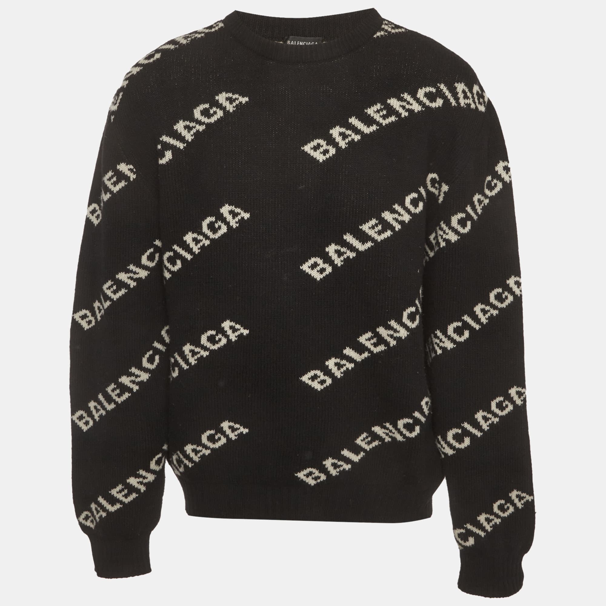 Balenciaga Black Logo All Over Wool Knit Sweater XL