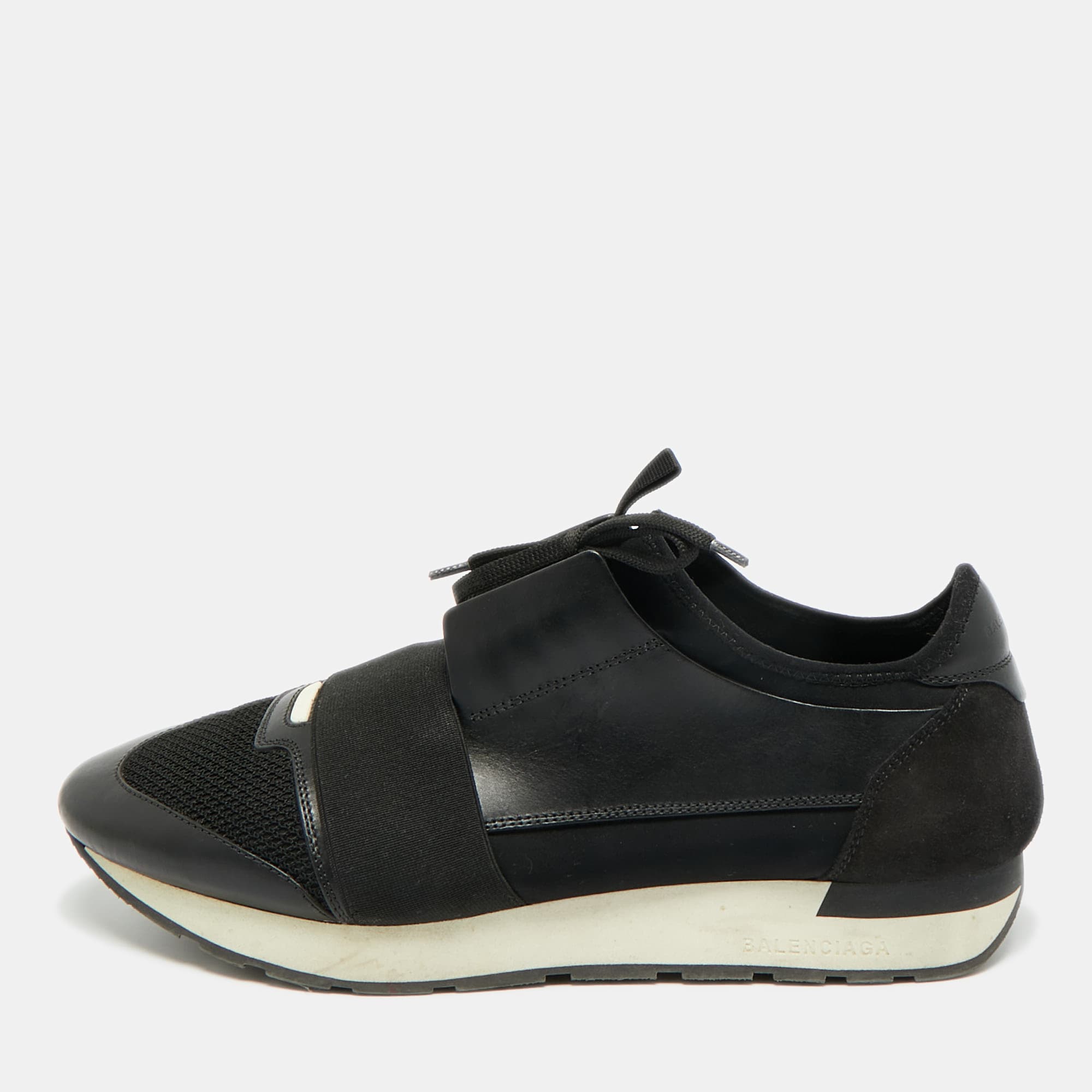 Balenciaga Race Runner Size 43 Black Leather and Suede Low Top Sneakers