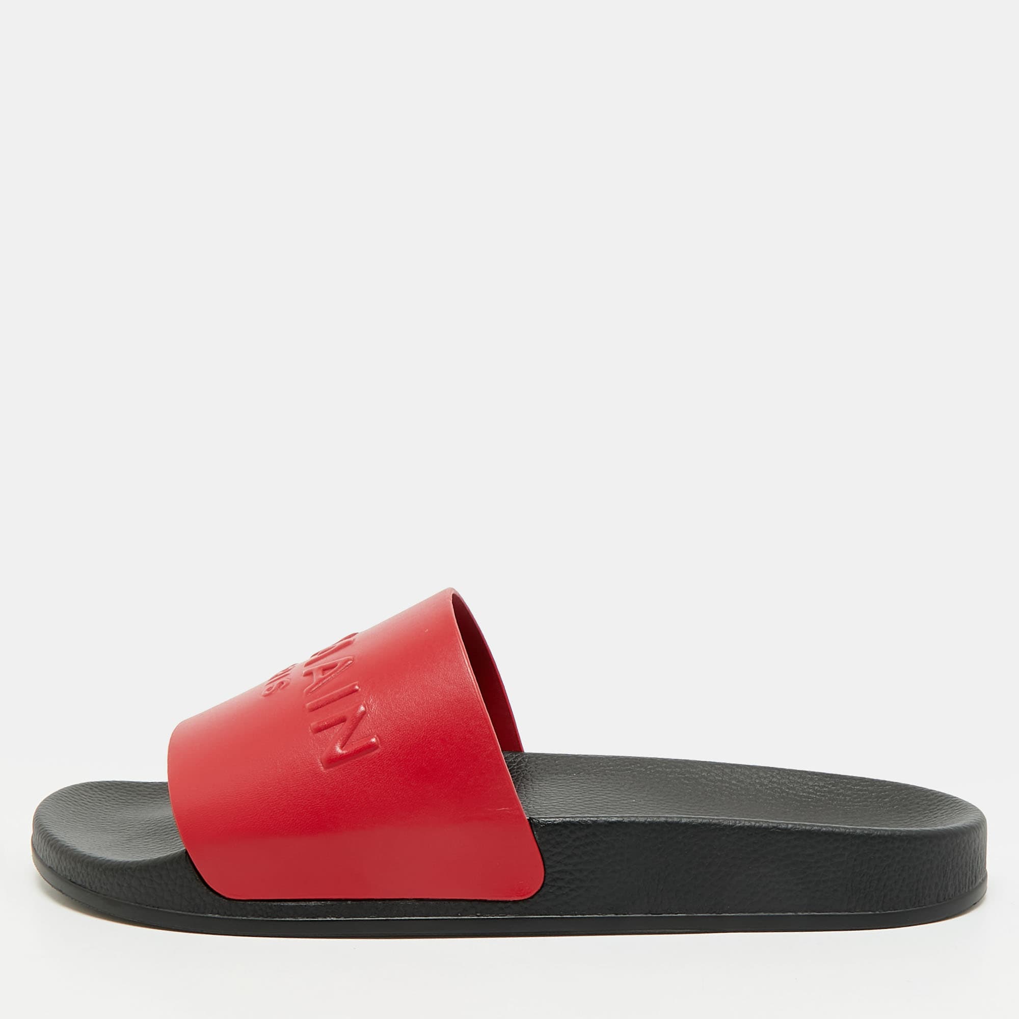 Balmain Size 44 Monogram Embossed Leather Flat Slides