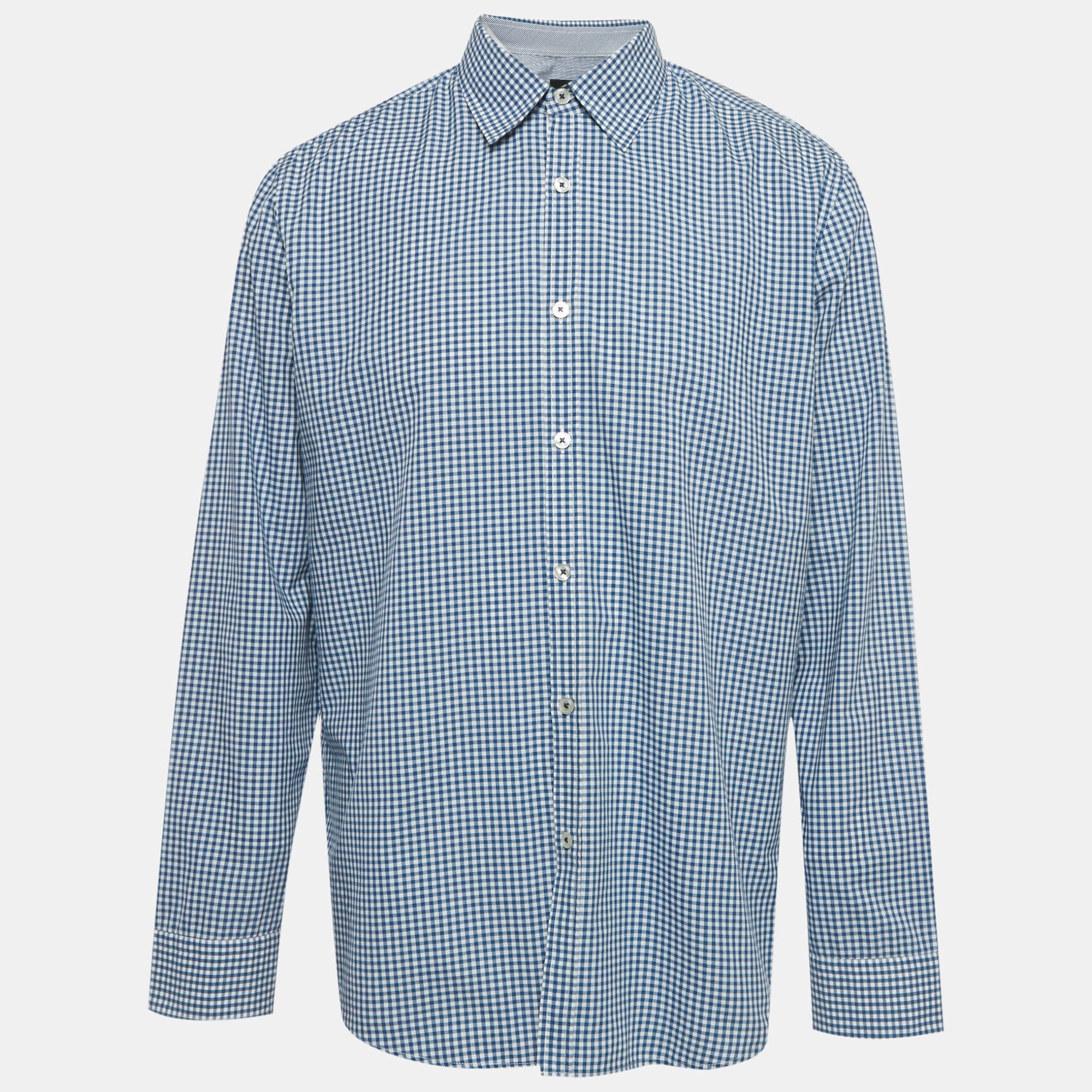 Boss By Hugo Boss Blue/White Checkered Cotton Obert Regular Fit Shirt XL