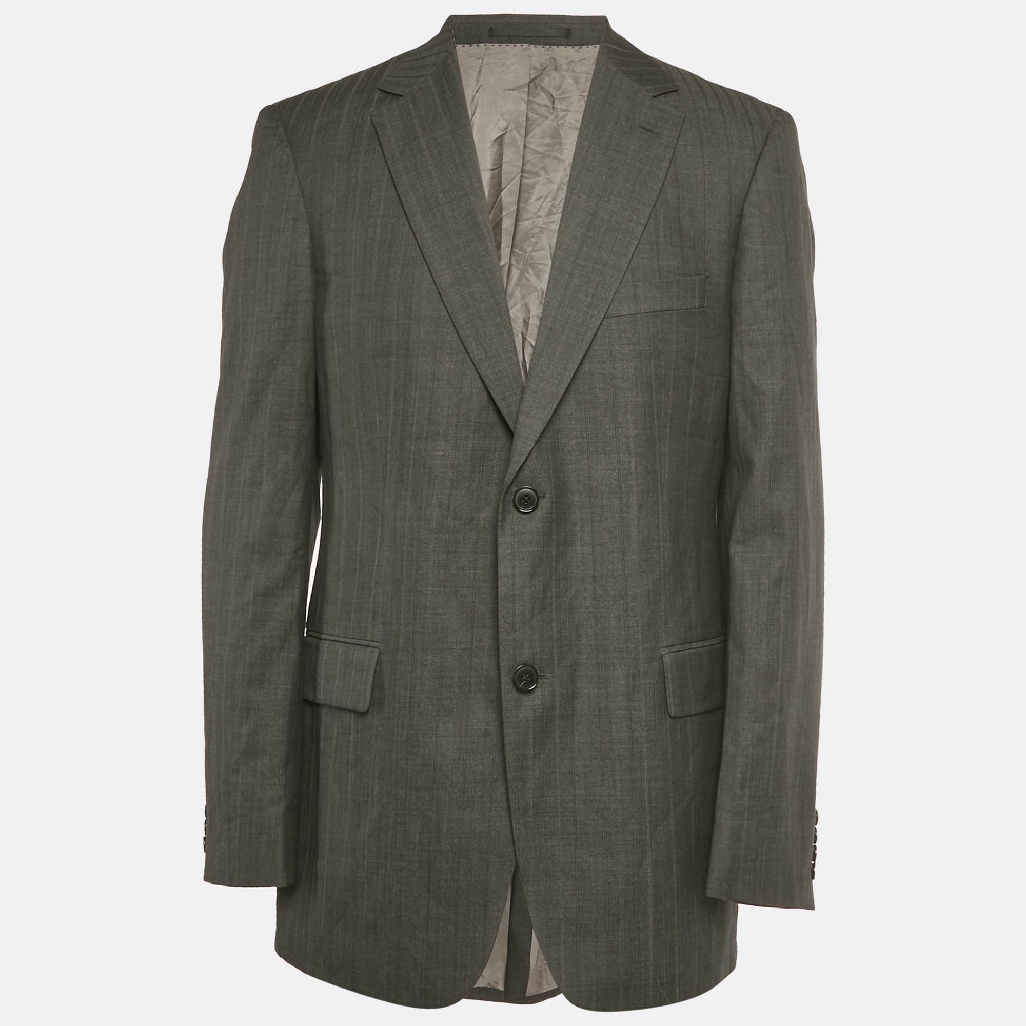 Boss by Hugo Boss Charcoal Grey Striped Wool & Silk Bertolucci Long Fit Blazer XL