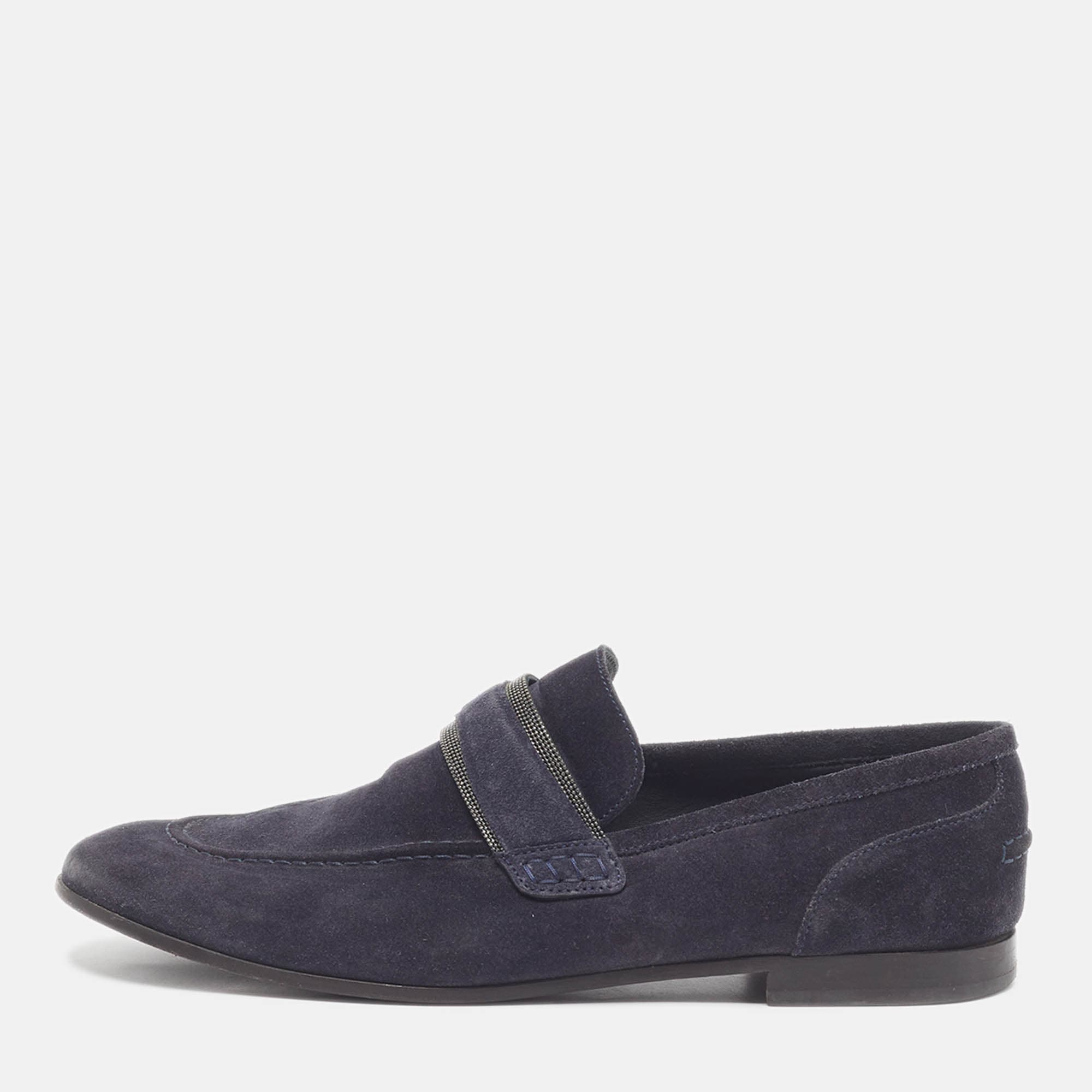 Brunello Cucinelli Size 41 Navy Blue Suede Slip On Loafers