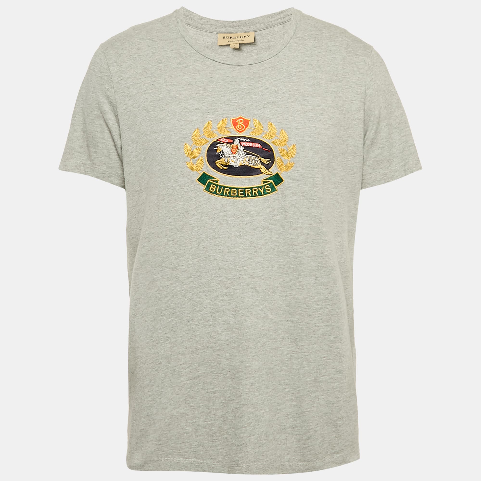Burberry Grey Logo Embroidered Jersey T-Shirt L