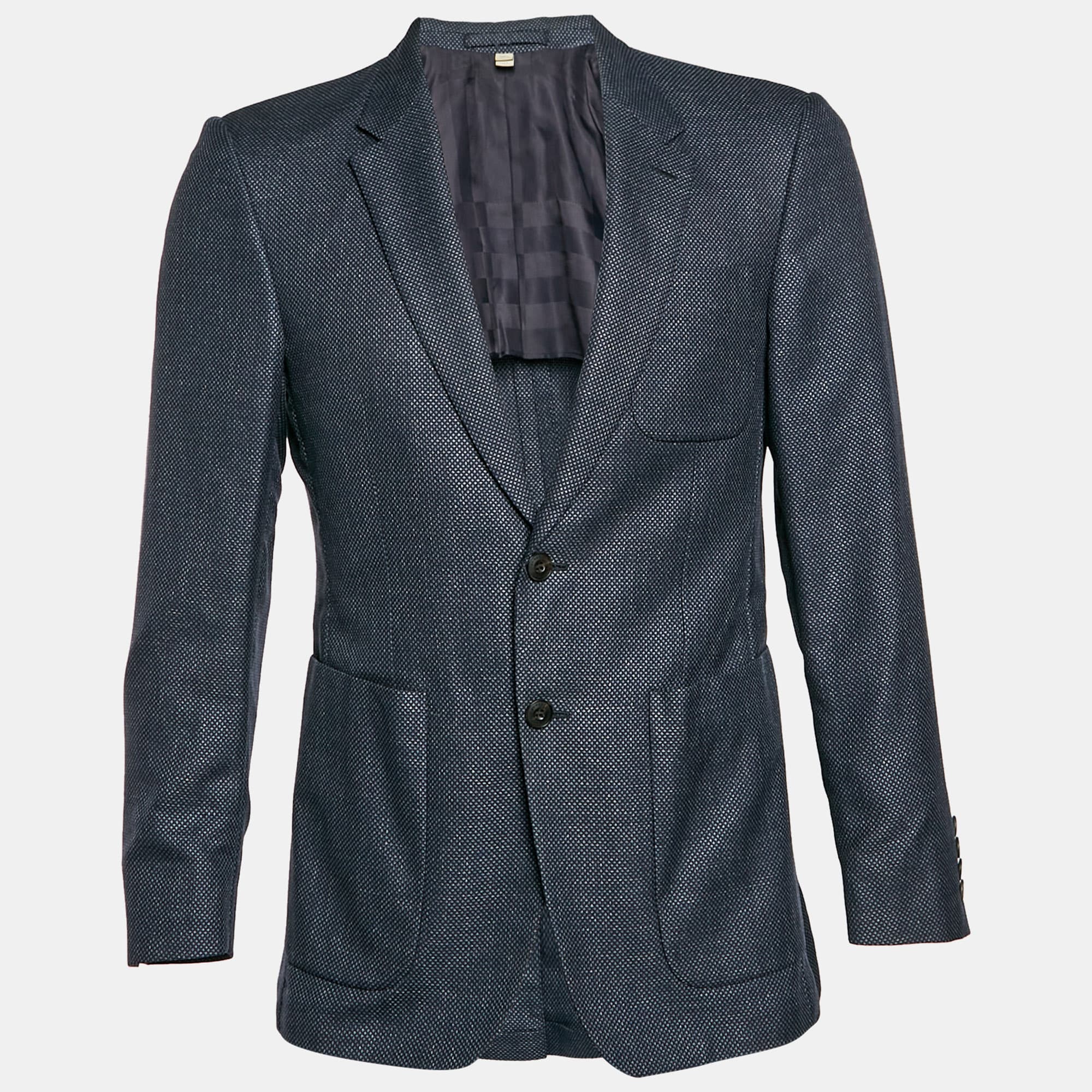 Burberry Navy Blue Textured Wool Blend Single Breasted Blazer M