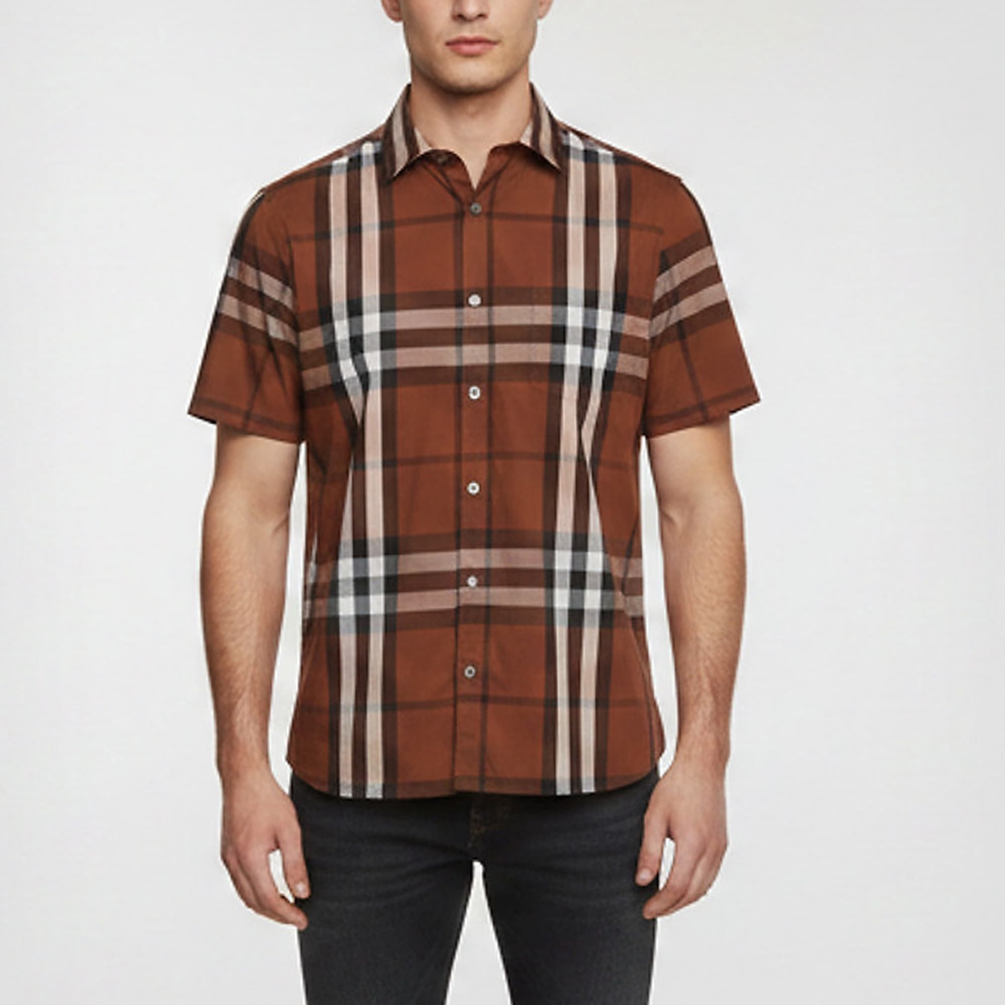 Burberry Brown Check Print Poplin Short Sleeve Shirt L