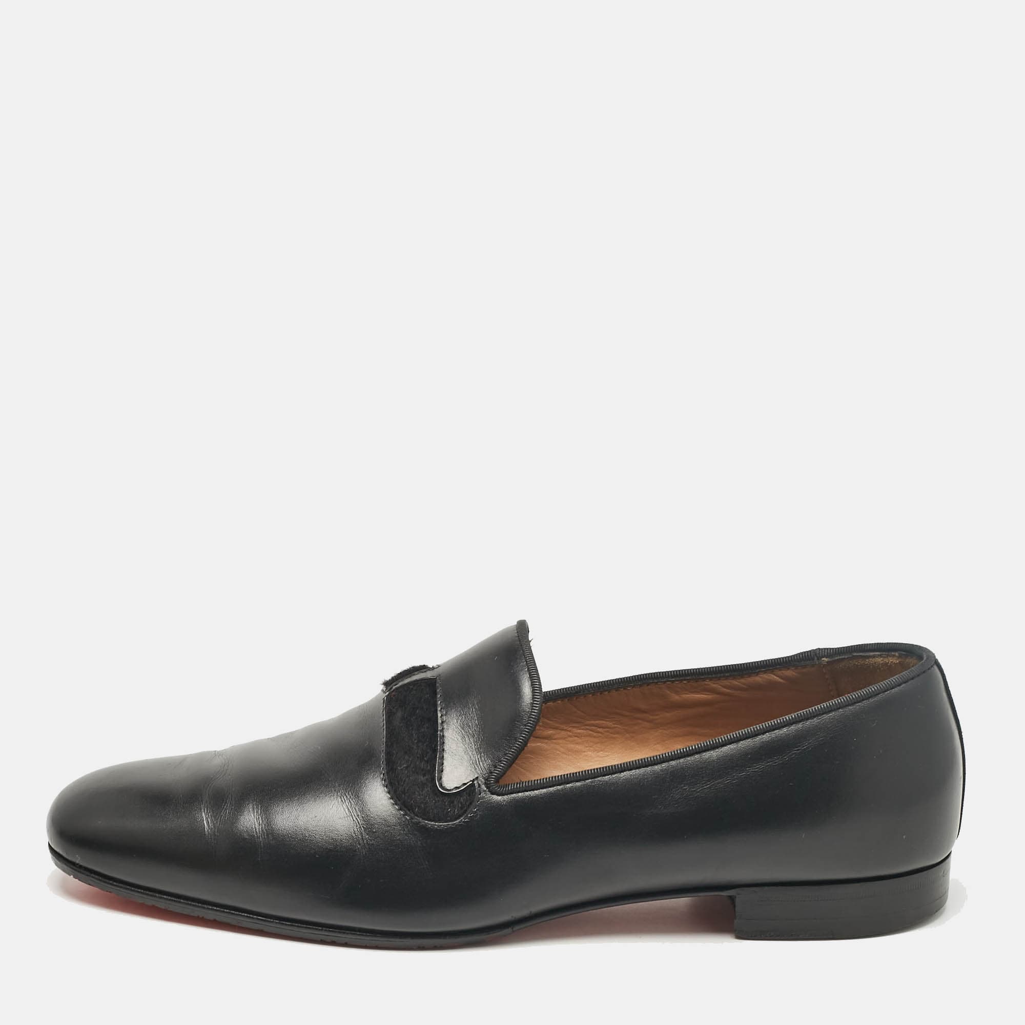 Christian Louboutin Black Leather and Calf Hair Smoking Slippers Size 43