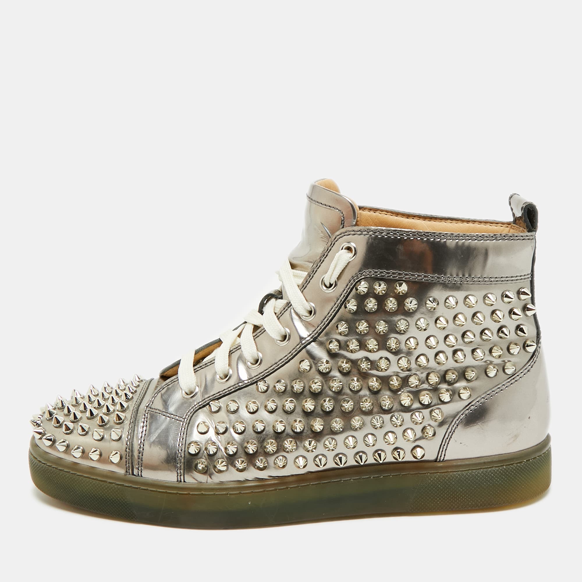 Christian Louboutin Louis Spikes Size 40 Silver Leather High Top Sneakers