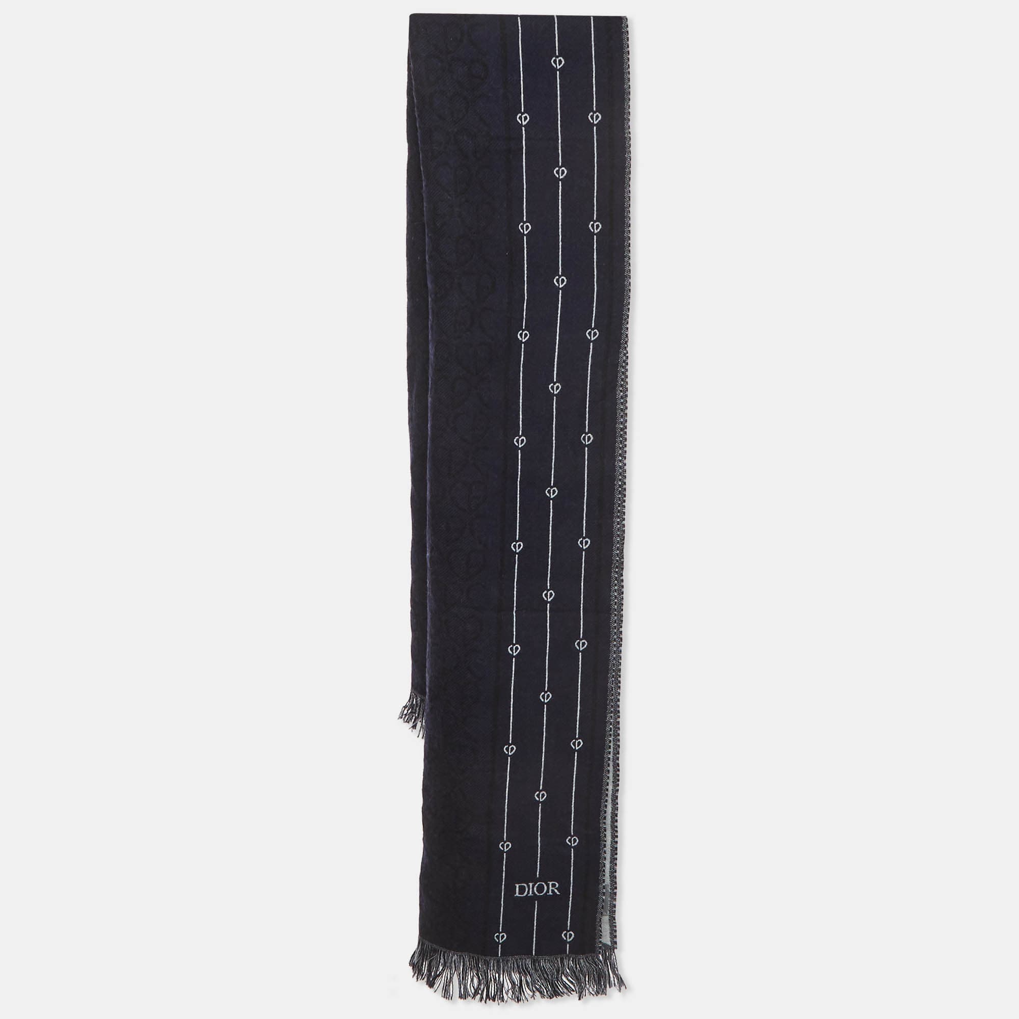 Christian Dior Homme Navy Blue Logo Heart Pattern Wool Scarf