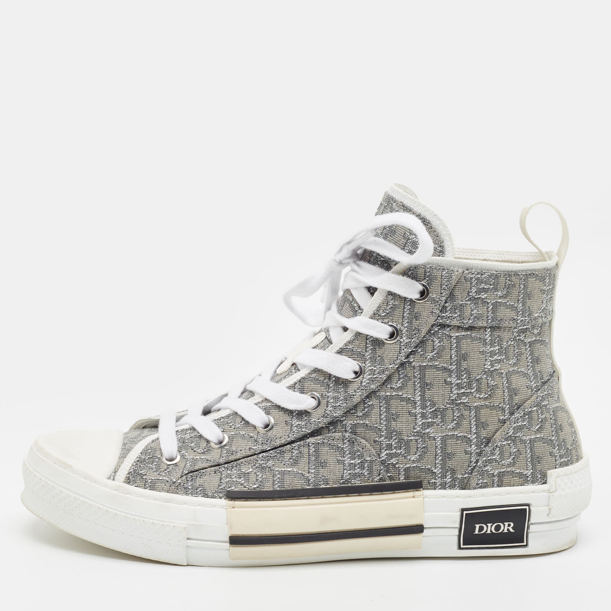 Dior B23 Size 42.5 Grey/Silver Oblique Canvas and Lurex Fabric High Top Sneakers