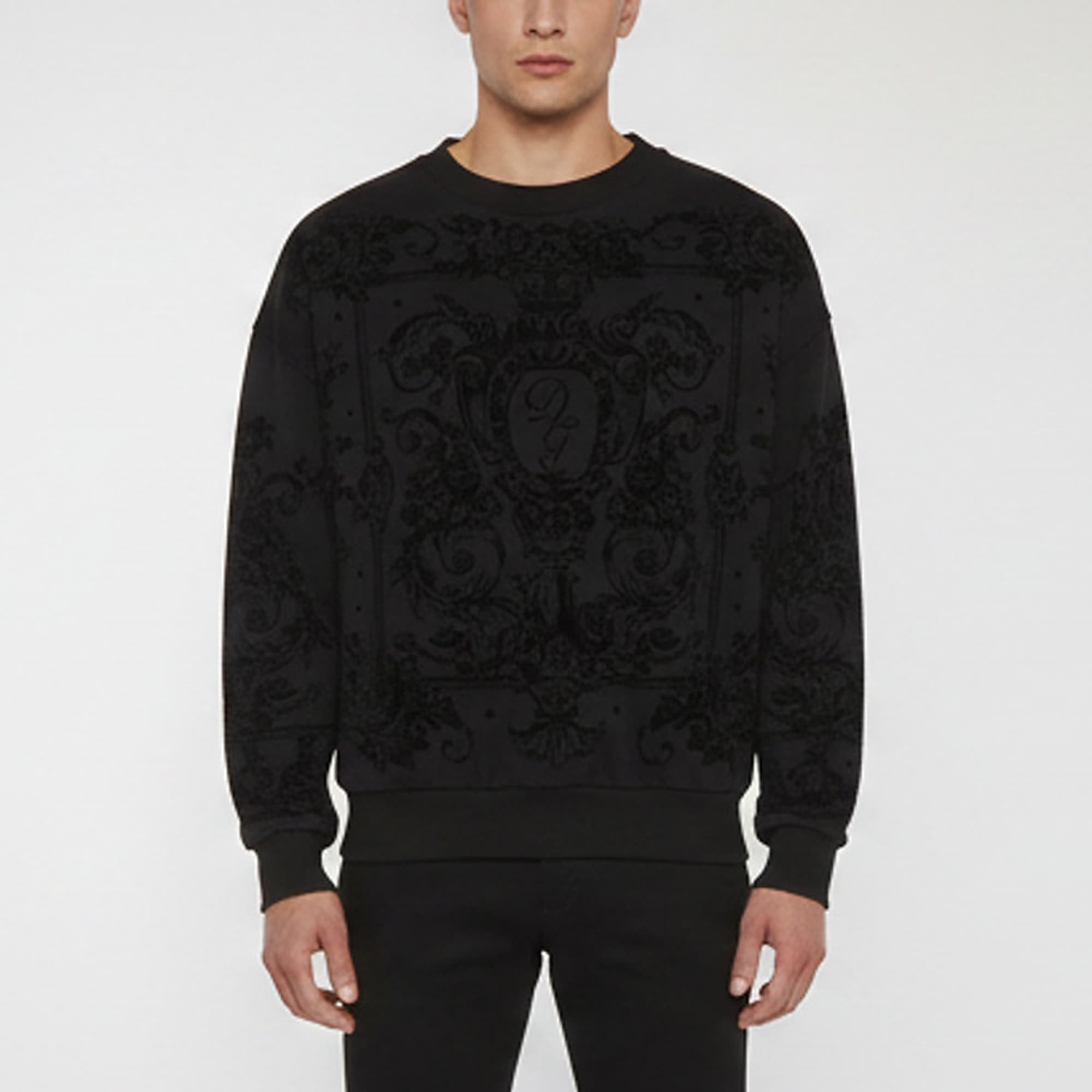 Dolce & Gabbana Black Baroque Logo Velvet Print Cotton Crew Neck Sweatshirt M