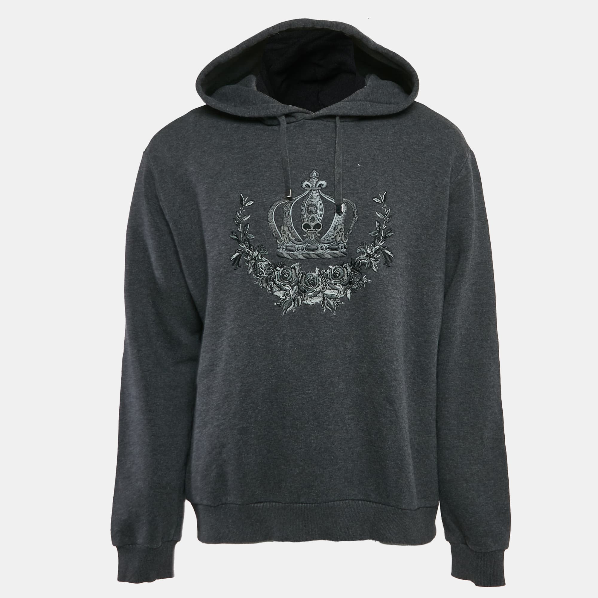 Dolce & Gabbana Grey Crown Embroidered Cotton Hoodie XXL