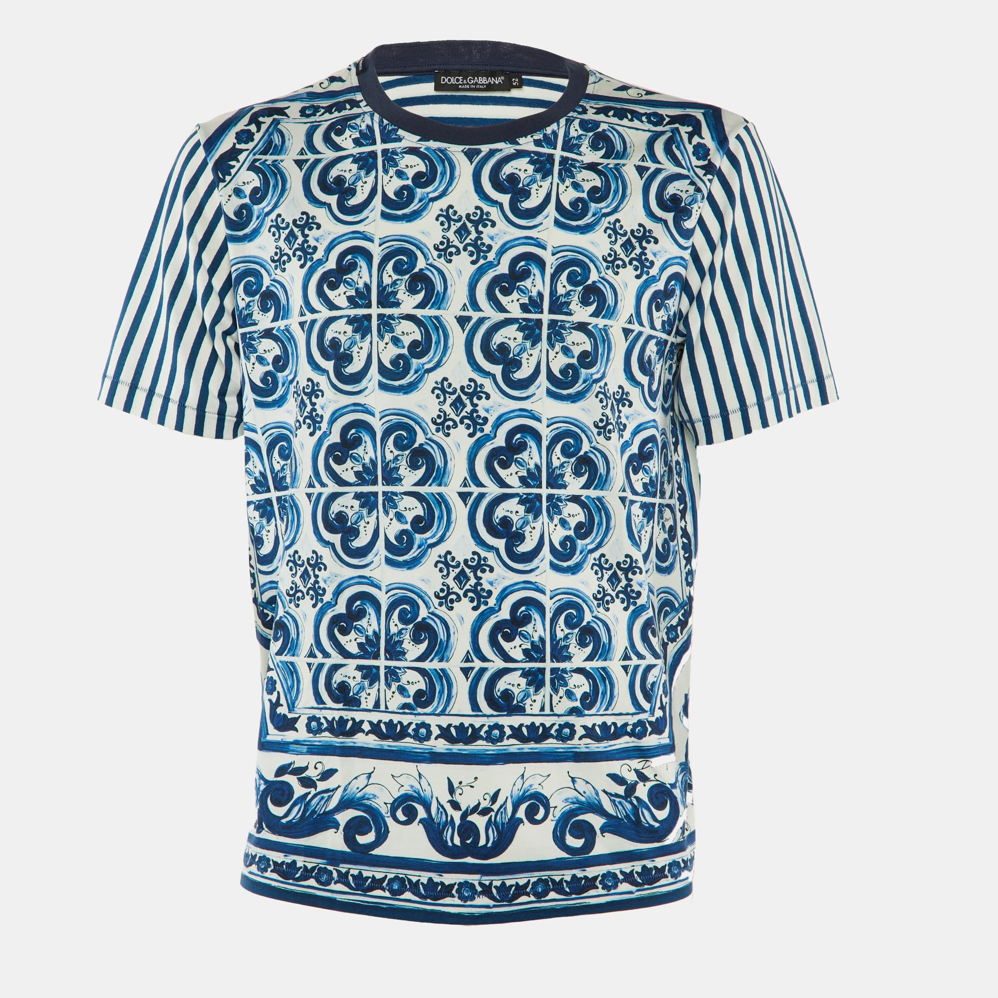 Dolce & Gabbana White Stripe Majolica Print Cotton Crewneck T-Shirt XL
