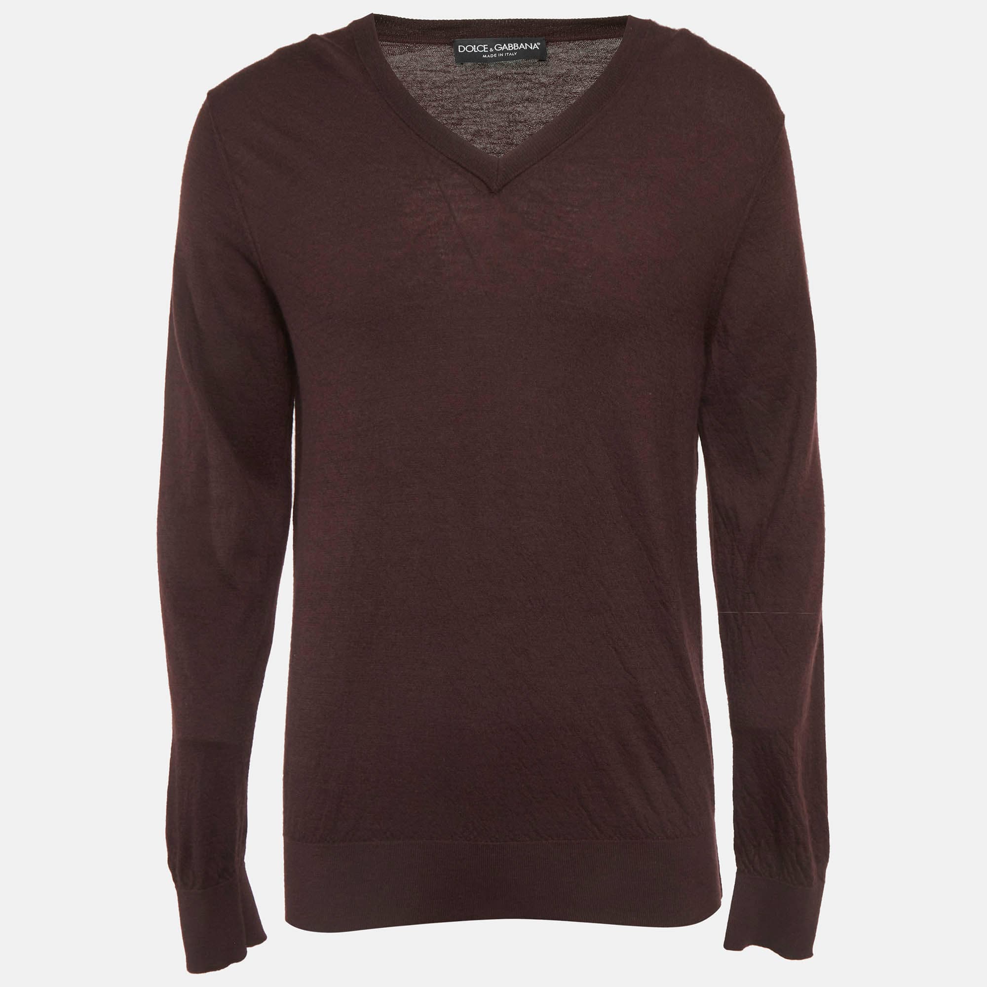 Dolce & Gabbana Burgundy Wool Knit V-Neck Sweater XXL