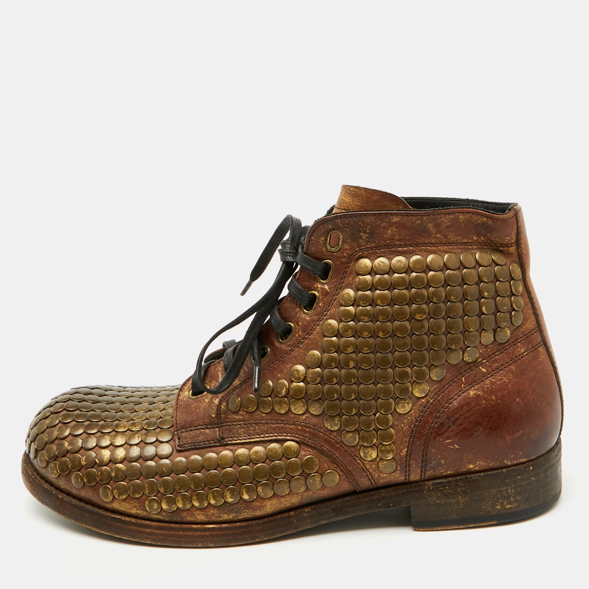 Dolce & Gabbana Brown Leather Runway Studs Cortina Ankle Boots Size 43