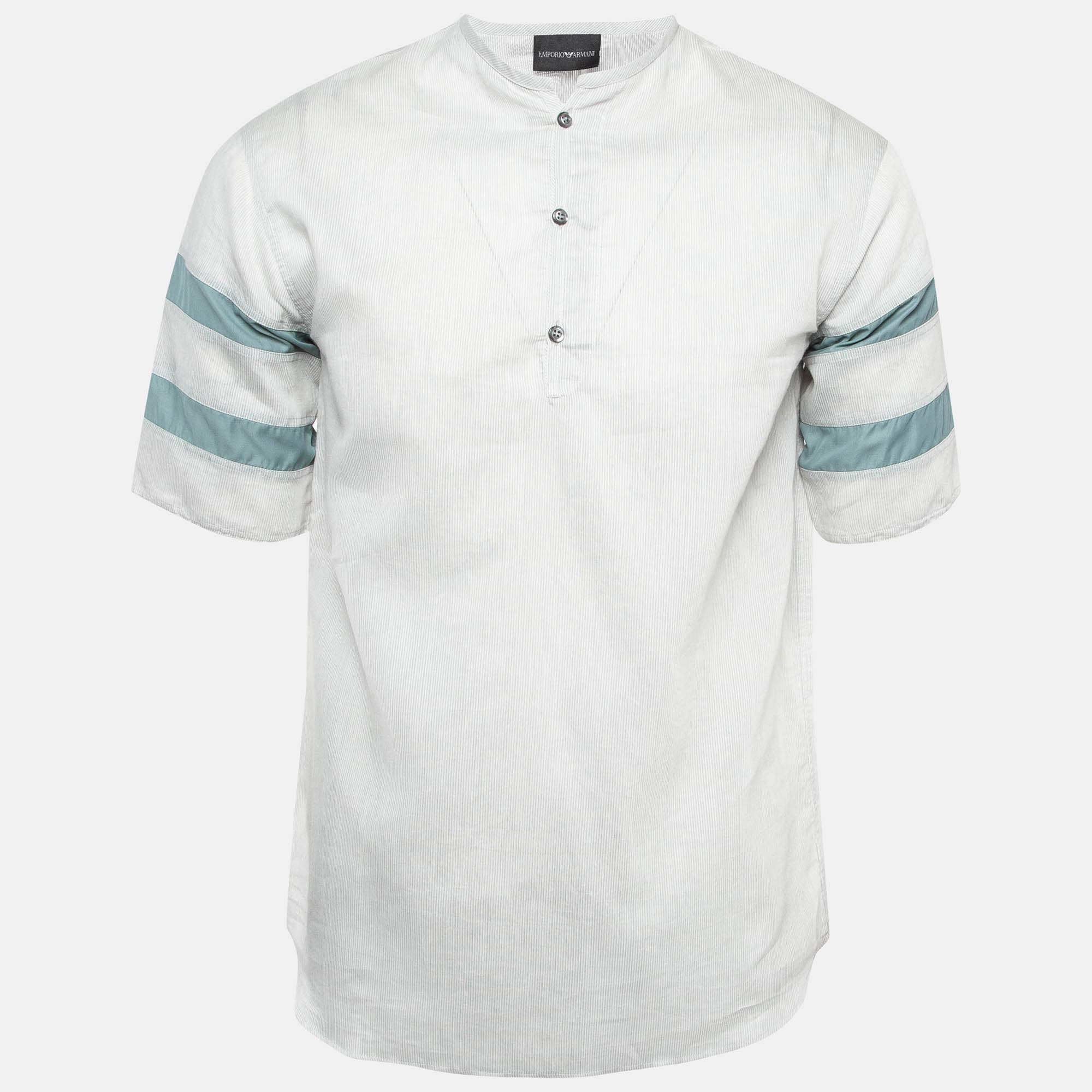 Emporio Armani Grey Striped Cotton Half Placket Shirt M