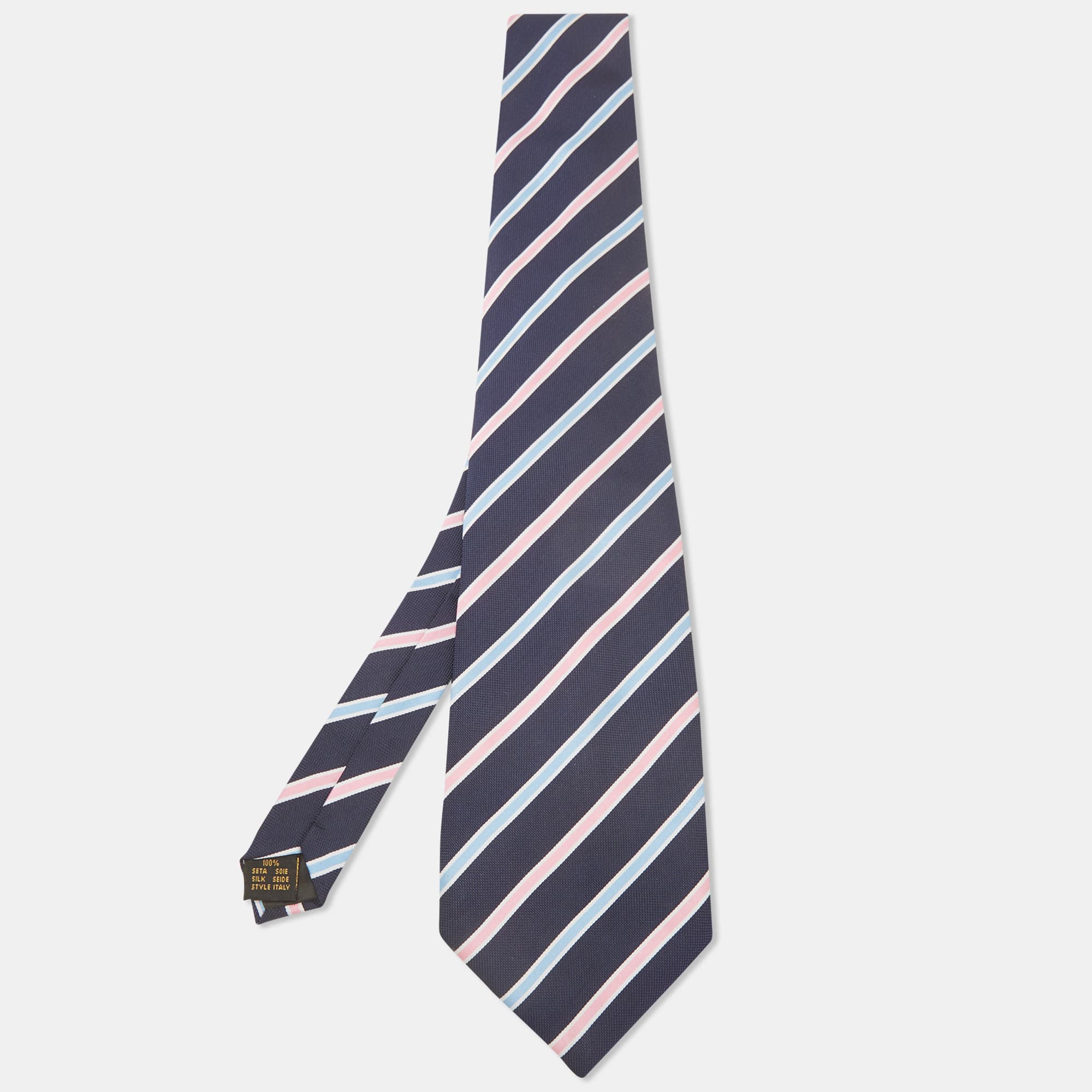Ermenegildo Zegna Vintage Navy Blue Diagonal Striped Silk Traditional Tie