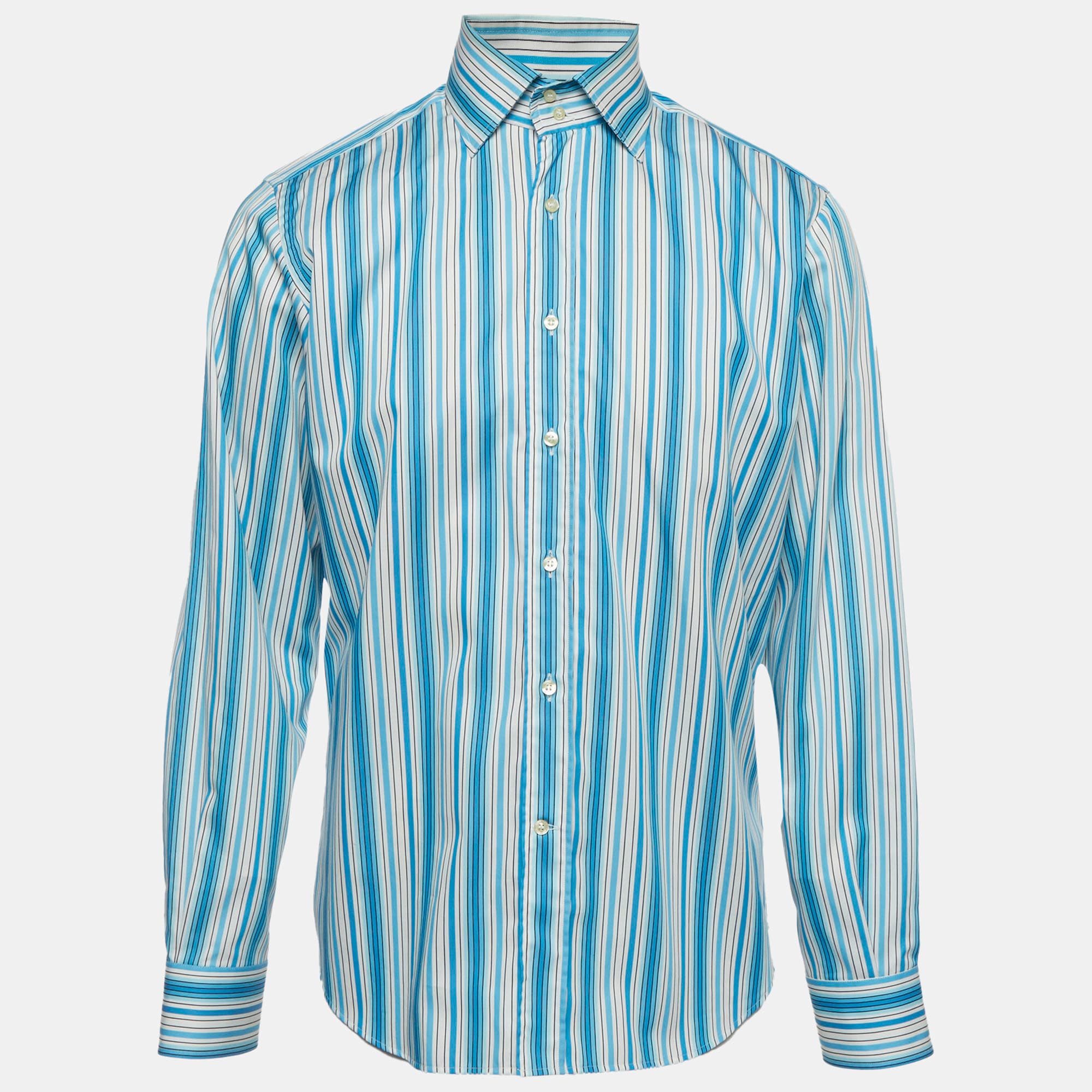 Etro Blue Striped Cotton Poplin Button Up Shirt L